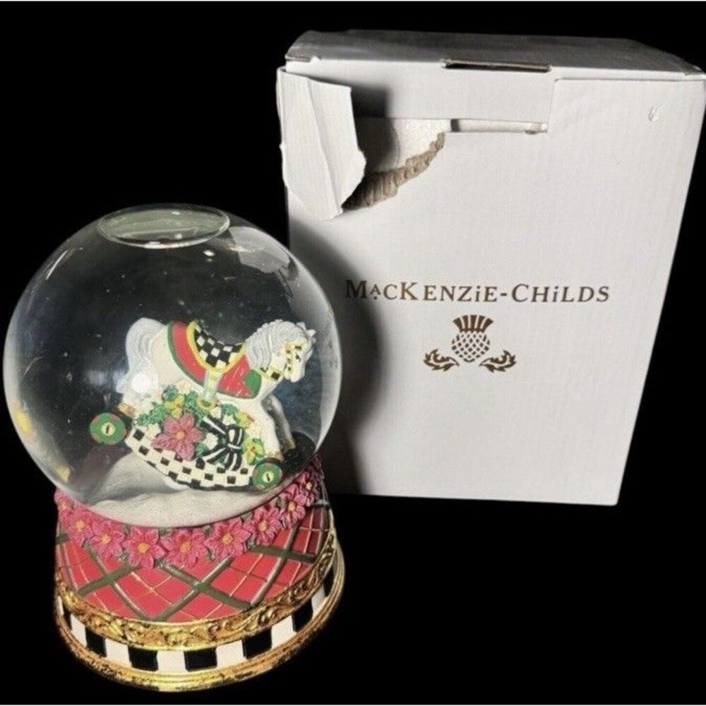 McKenzie Childs Designer Glitter Floral Carousel Horse Snowglobe Music Box Works
